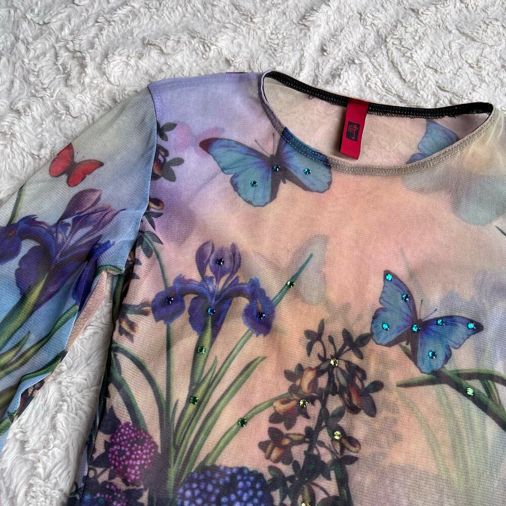 SOLD Just In Time USA floral butterfly mesh top vintage Y2K rhinestone beaded S - Picture 8 of 13